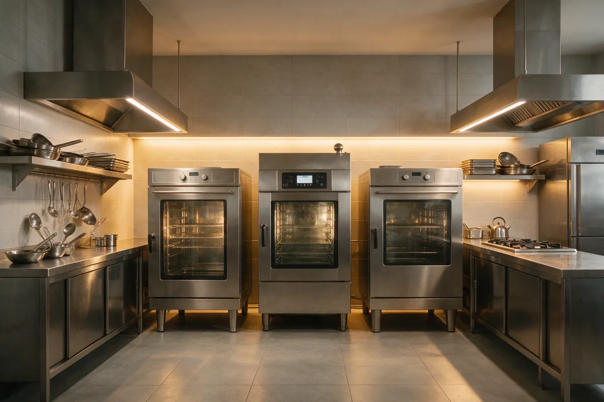 Trei cuptoare profesionale din inox, unul lângă altul, într-o bucătărie de restaurant